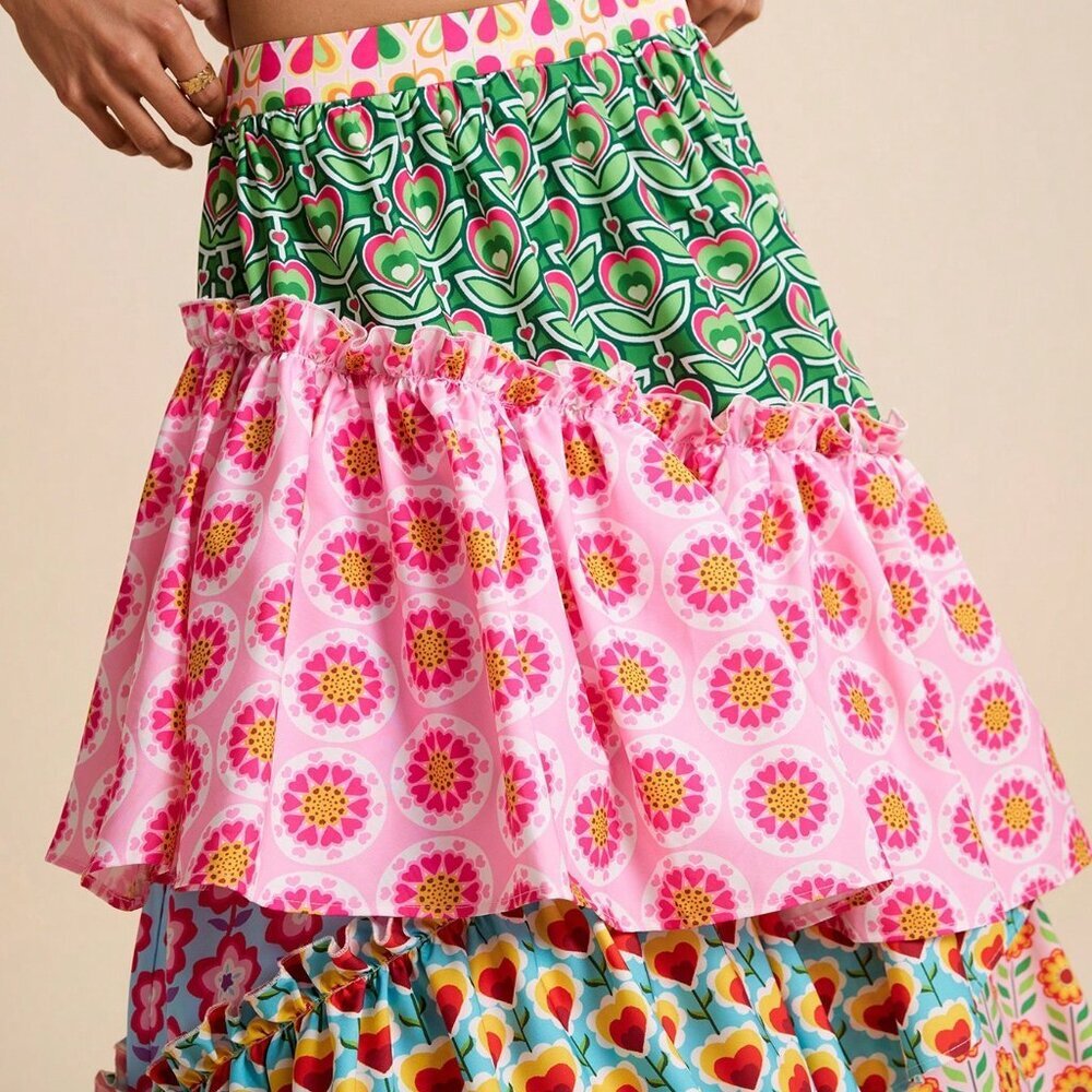 Multicolor Boho Women's Patchwork Asymmetric A-Line Floral Tiered Skirt - Picture 7 of 7